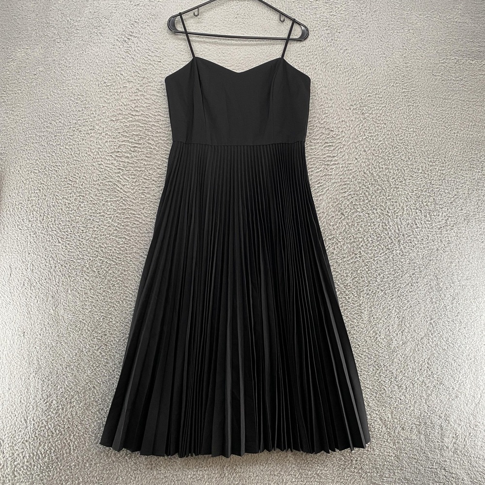 Theory Pleated Midi Dress Womens 10 Black Spaghetti Strap Wool Evening Capsule